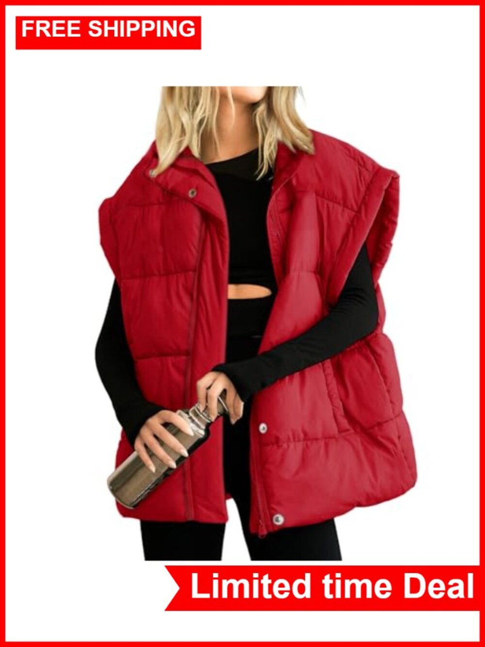 Oversized Quilted Puffer Vest Stand Collar Full Zip Sleeveless Warm Coat